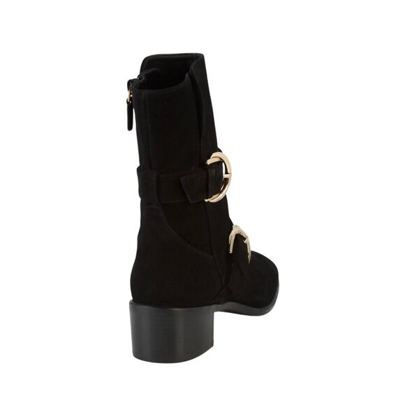 Stuart Weitzman Britain Black Suede Ankle Boots With Gold Buckles & Zipper 6 - Picture 3 of 13